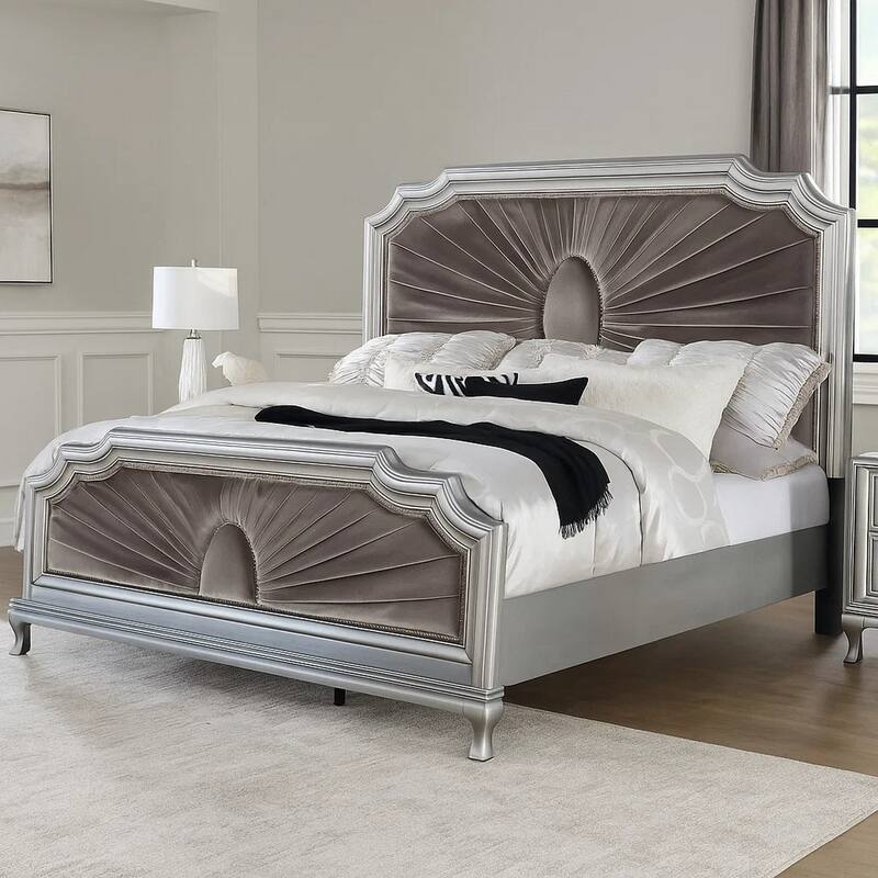 Xan Cal. King Bed, Silver Wood, Gray Pleated Velvet Upholstery