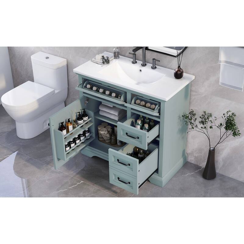 36'' Bathroom Vanity with Ceramic Sink, Solid Wood Frame Modern Storage Cabinet with Tip-Out Drawer & Soft Closing Doors