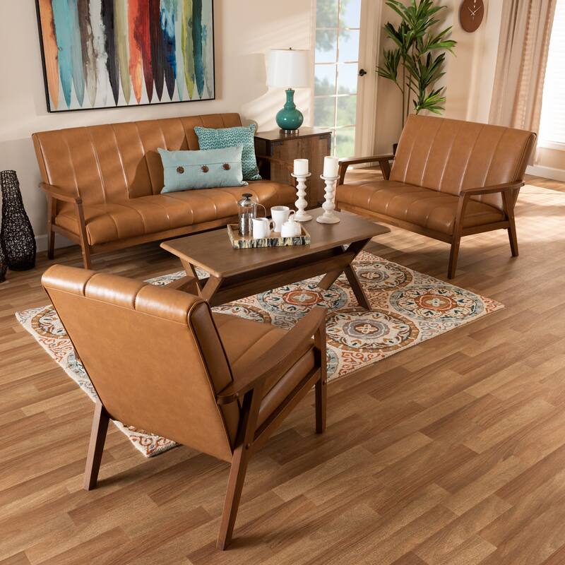 Nikko Tan Faux Leather and Walnut finished Wood 3PC Living Room Set