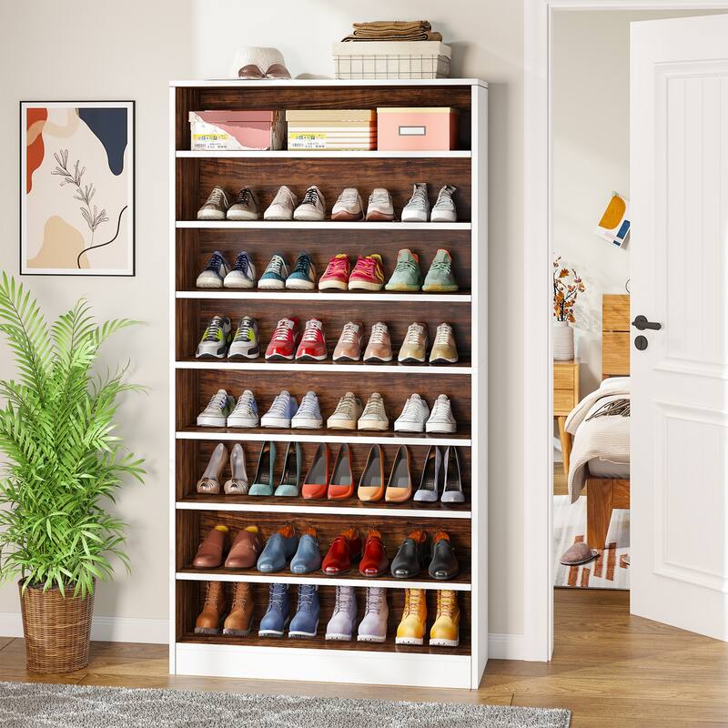 Shoe Cabinet Narrow High Shoe Cabinet with Open Storage for Entryway, White