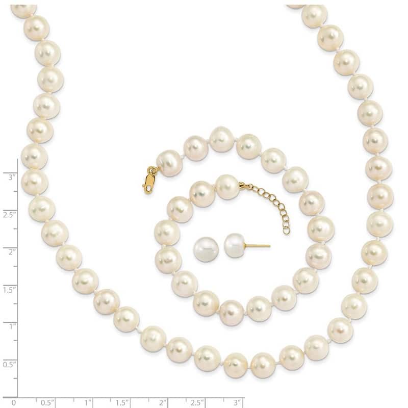 Curata 14k Yellow Gold 8-9mm Cultured Pearl Earrings, 7.25"Bracelet and 18"Necklace Set