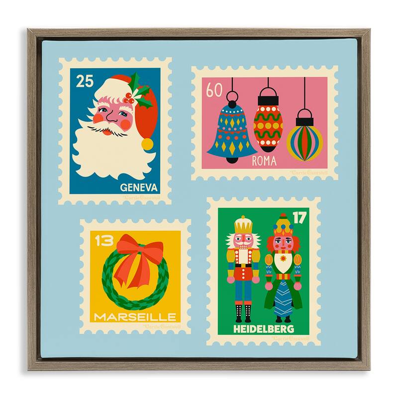 Stupell Vintage Christmas Postage Stamps Framed Floater Canvas Wall Art Design By Carrie Cantwell - 18 x 18 - Brown