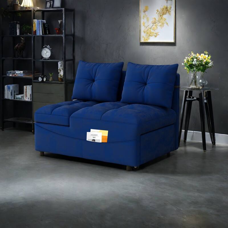 27.56" Velvet 2-Seater Sleeper Sofa Chair with USB Ports, Reclining Angles And Storage - Blue
