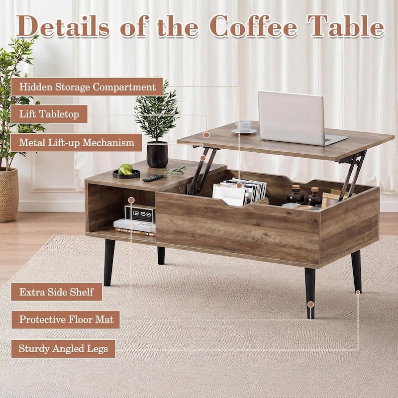 Coffee Table, Wood Lift Top Coffee Table with Storage Shelf, Lift Tabletop Dining Table for Home Living Room, Office