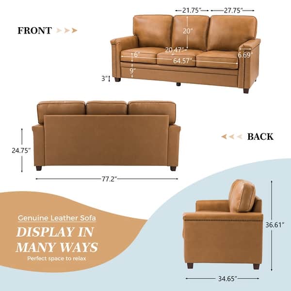 dimension image slide 0 of 6, Rita Transitional Living Room 3-Seat Genuine Leather Nailhead Sofa with Solid Wood Legs and Removable Cushions