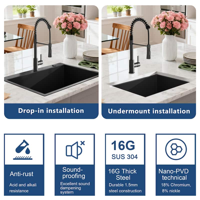 33 inch Upgrade Black Doubel Bowl Undermount Workstation Stainless Steel Sink, 18 Gauge Single Bowl Stainless Steel