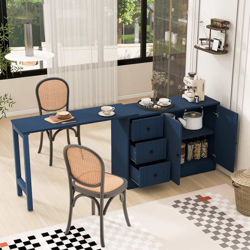 89.7" Wooden Sideboard with Extendable Table, 2 Doors & 3 Drawers Storage Cabinet for Living Room, Study, Kitchen - Navy Blue