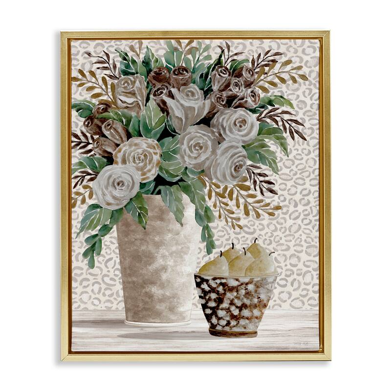 Stupell Bouquet on Leopard Pattern Framed Floater Canvas Wall Art Design By Cindy Jacobs - 25 x 31 - Gold