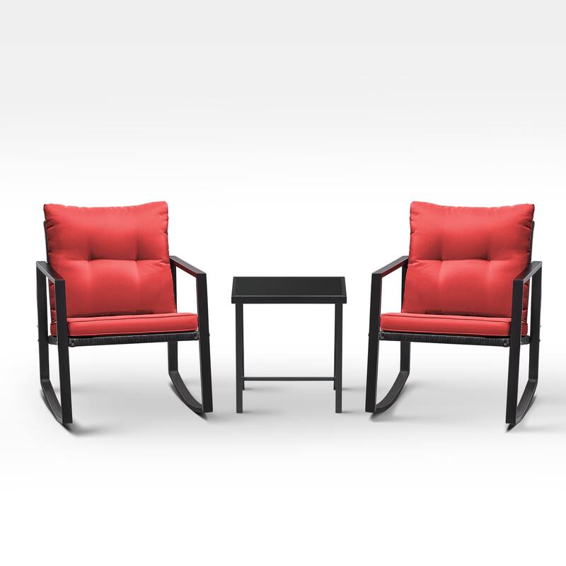 Lacoo 3 Piece Rocking Bistro Set Wicker Patio with Glass Coffee Table - Red