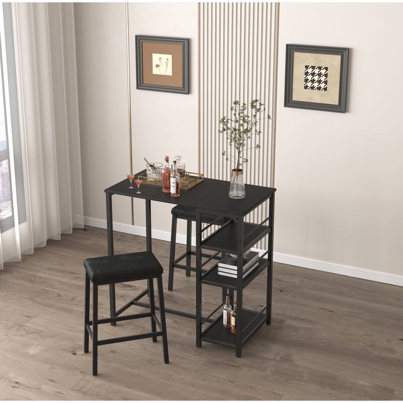 Metal Dining Table Set with 3 Large Storage Shelves and 2 Upholstered PU Leather Stools, Rectangular Dining Table Black