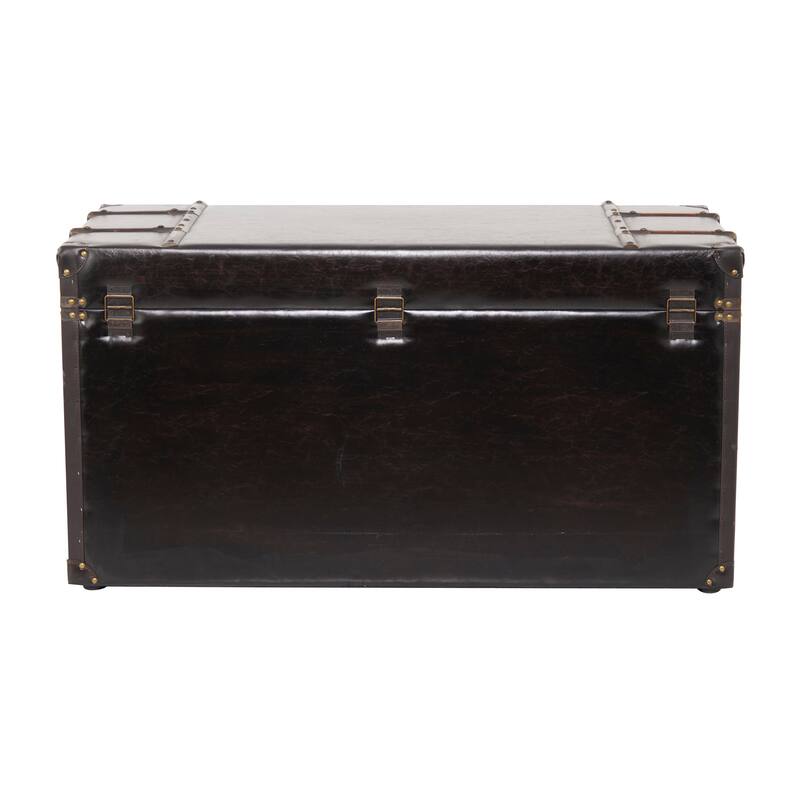 Brown Faux Leather Vintage Faux Leather 2 Drawer Living Room Coffee Table with Buckle Hinged Top