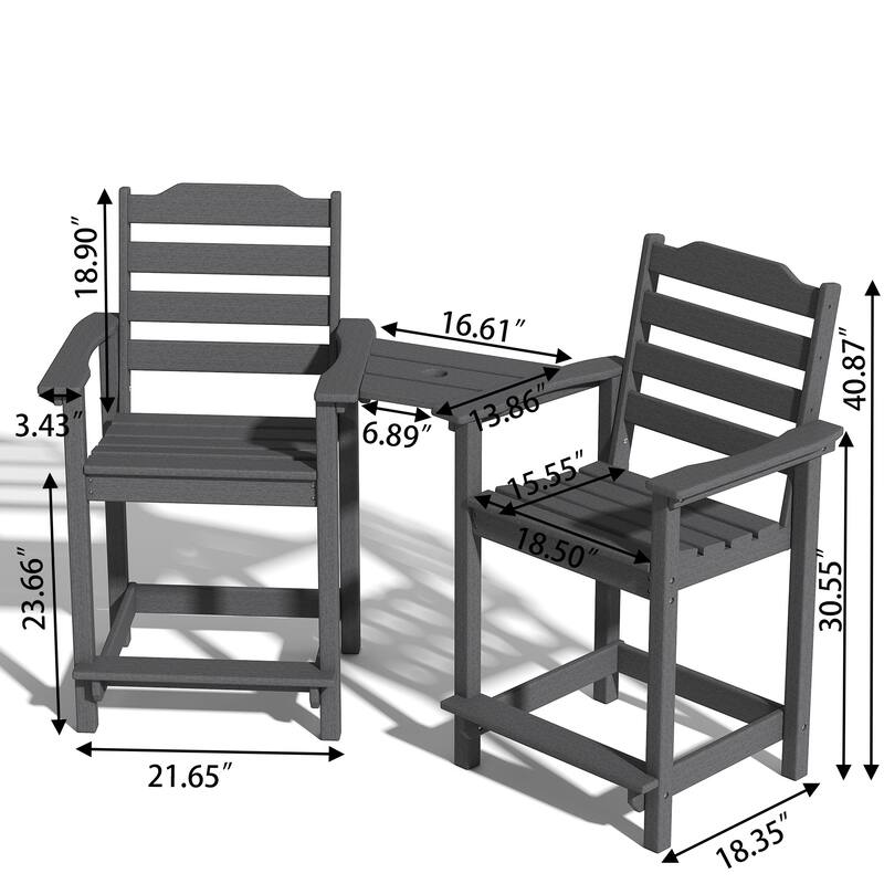 Adirondack Chairs Set of 2 with Connecting Tray, 24 inches HDPE Bar Height Outdoor Patio Bar Stool Chairs