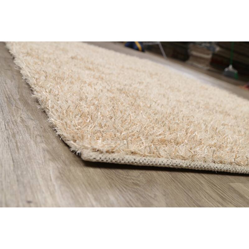 Hand Knotted Oriental Polyester Carpet Modern Contemporary Beige & Ivories Shaggy Area Rug - 7' 5'' X 5' 3''