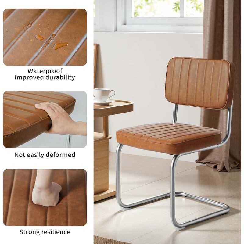 Faux Leather Mid-Century Modern Upholstered Armless Chairs with Metal Legs,Brown,Set of 2