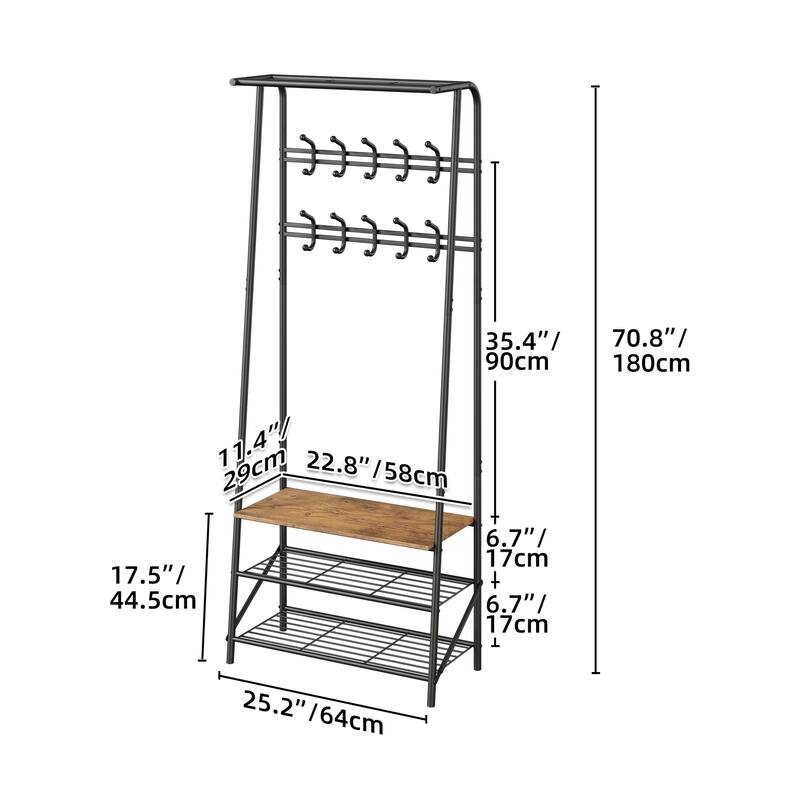 Coat Rack With Shoe Storage Bench 10 Hooks Multifunctional Hallway Organizer - 11.4" W x 25.2" L x 70"