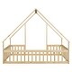 preview thumbnail 9 of 10, Natural Full Size Pine House-Shaped Floor Bed with Roof & Guardrails