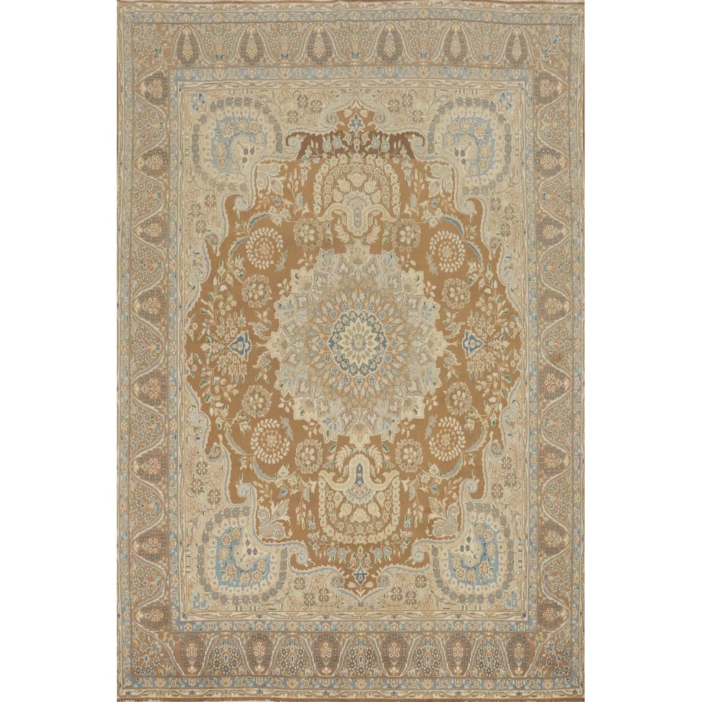 Hand Knotted Oriental 100% Wool Carpet Traditional Floral Brown Kerman Area Rug - 12' 11'' X 9' 6''