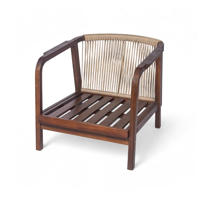 28" Outdoor Lounge Chair with Woven Backrest, Solid Wood Frame, Comfortable Cushions, and Curved Armrests for Patio or Garden