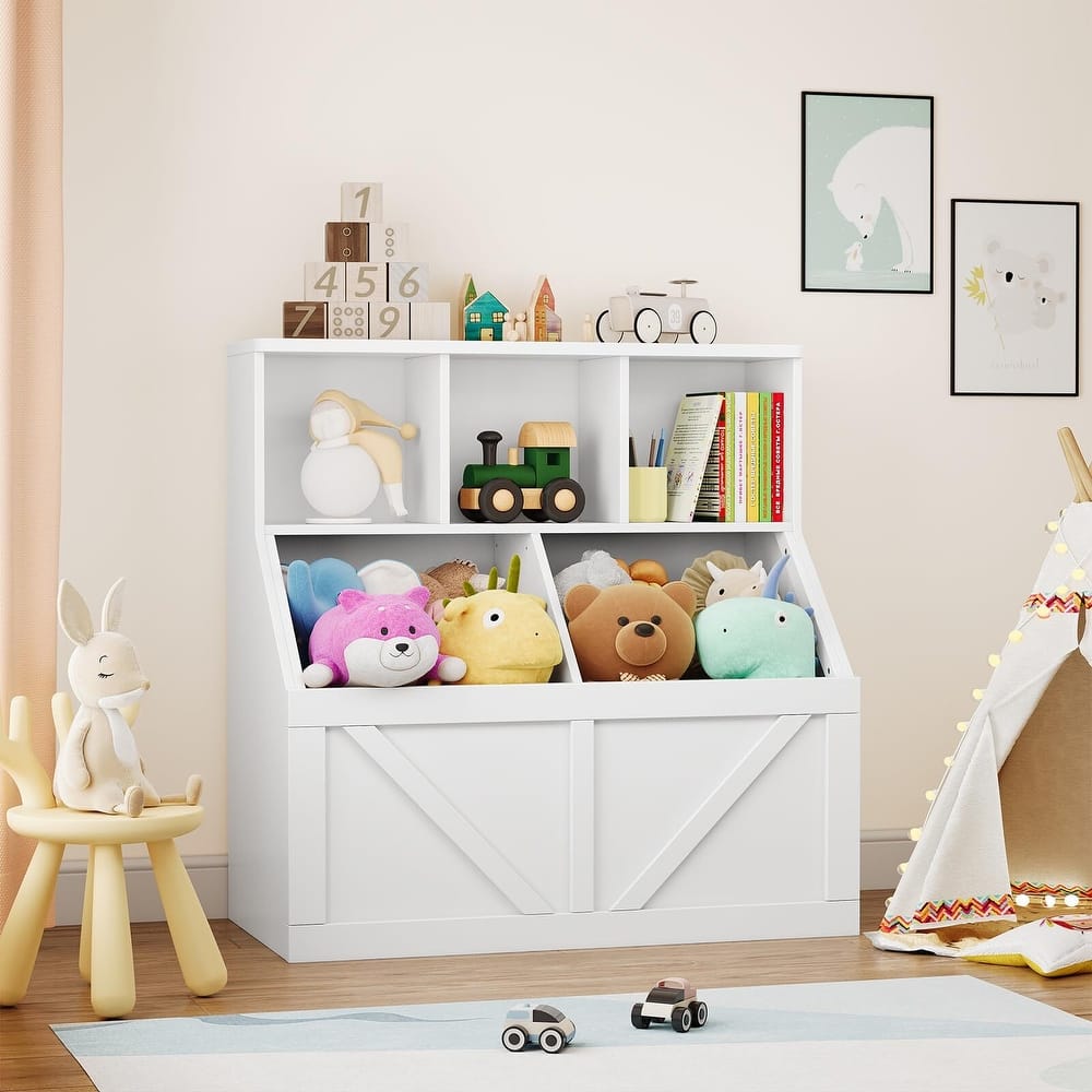 Kids Bookshelf and Toy Storage, Toy Storage Organizer with Storage Cabinet and Toy Shelf, Toddler Book Shelf