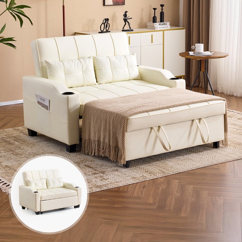 Upholstered Cat's Claw Leather Convertible Reclining Sleeper Sofa Bed With Cushions For Small Spaces