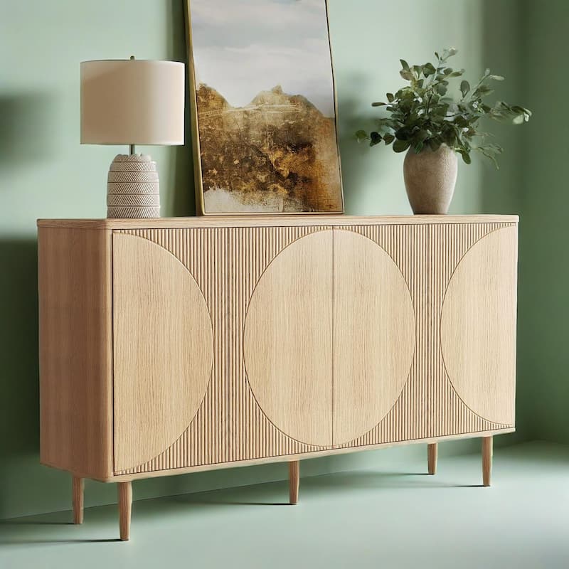Modern Walnut Buffet Cabinet with Semicircle Doors and 4 Tier Storage for Living or Dining Room - 59.44" x 14.17" x 33.85"