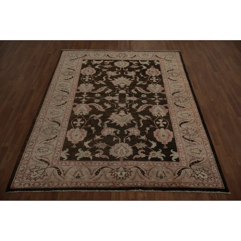 Hand Knotted Oriental 100% Wool Carpet Traditional All-Over Brown Peshawar Area Rug - 8' 7'' X 7' 0''