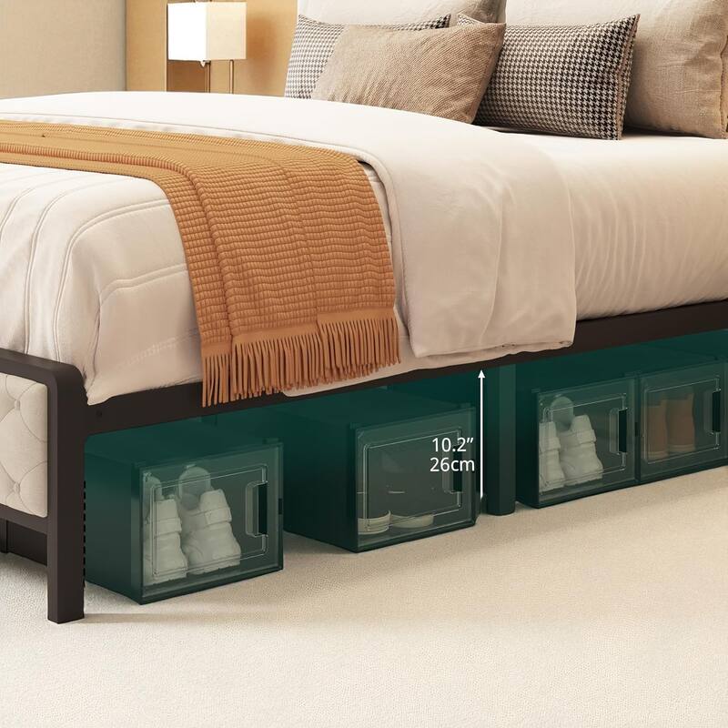 Queen/King Size Platform Bed Frame with Charging Station, Upholstered Storage Headboard & Metal Slats