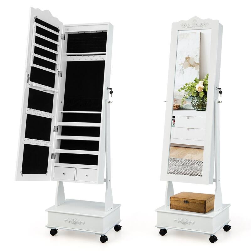 Gymax Rolling Jewelry Cabinet Armoire Full Length LED Mirror Lockable