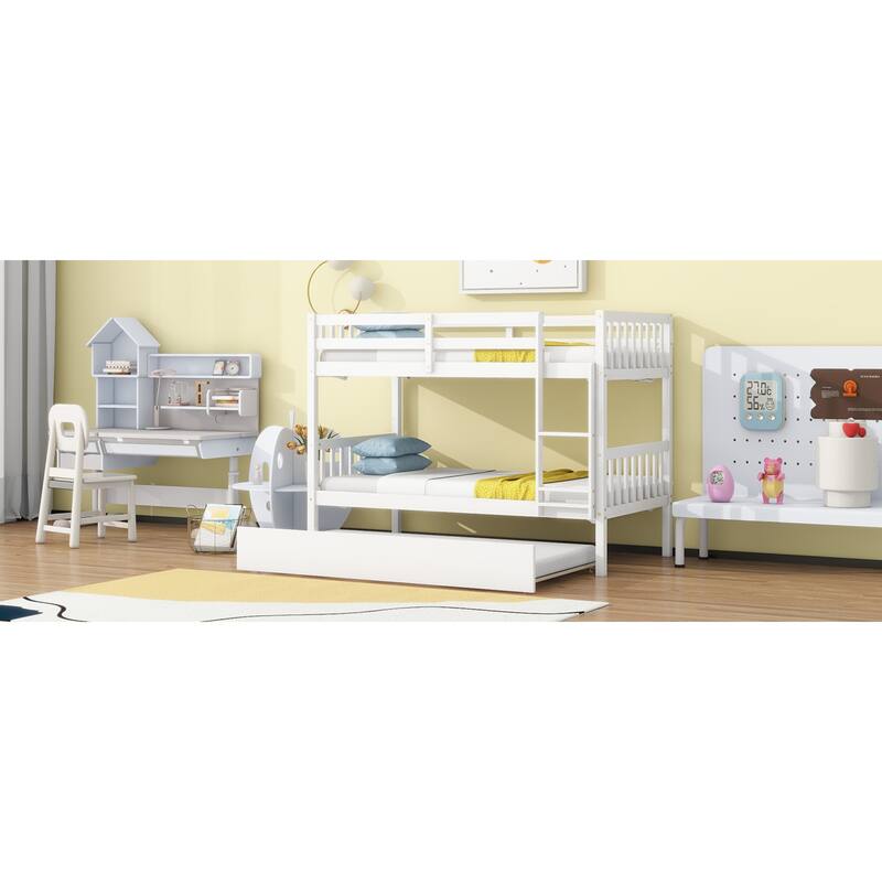 Roomfitters Twin Over Twin Rubber Wood Bunk Bed with Trundle, Convertible to Two Twin Beds, Ladder and Guardrails