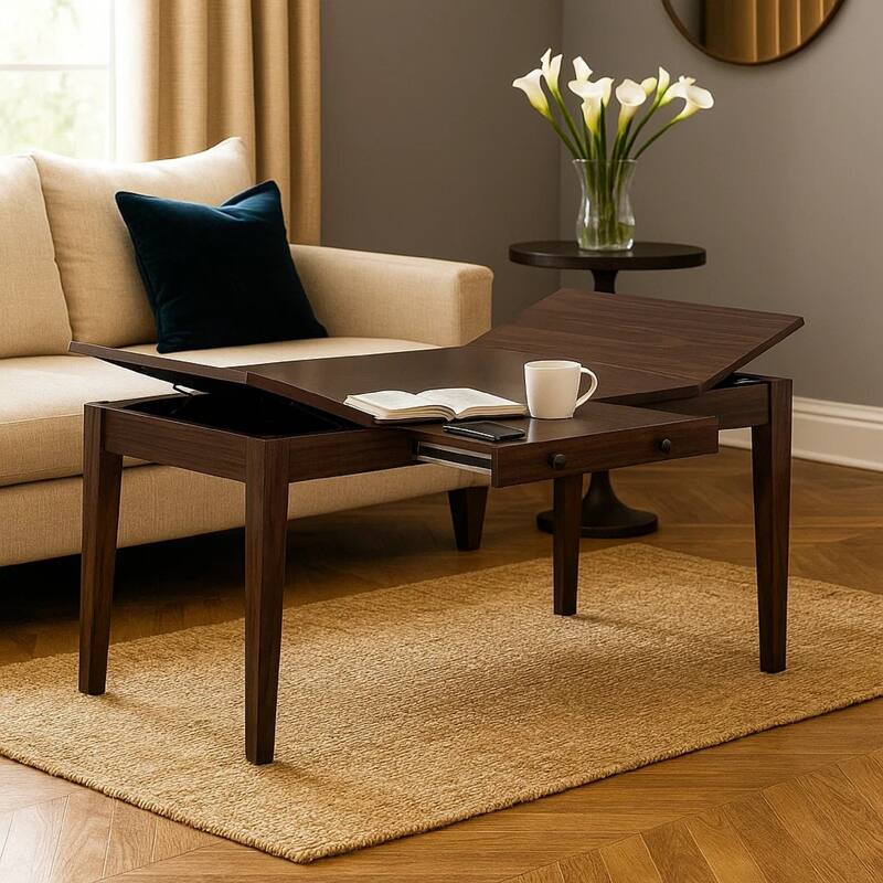 Sheryl Dining Table with Lift Top Hidden Storage, Walnut Brown - Walnut Brown