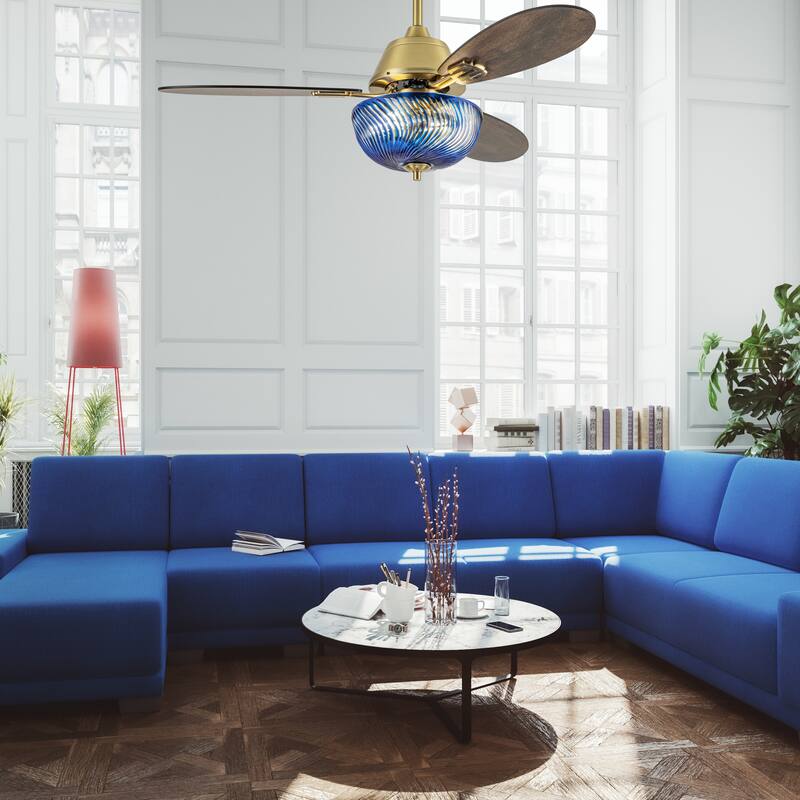 Coco River of Goods 3-blade 42-inch Glam Indoor Ceiling Fan with Blue Hand-Cut Glass Shade and Remote Control
