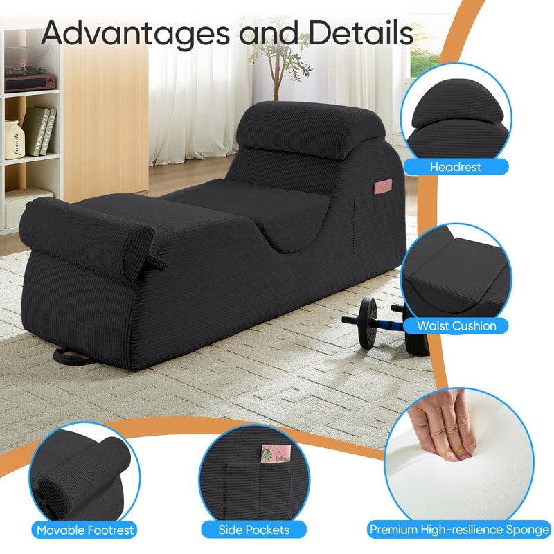 Mixoy Corduroy Yoga Chaise Lounge Chair,Curved Yoga Sofa with Movable Headrest/Waist Cushion/Footrest,Non-Slip Bottom