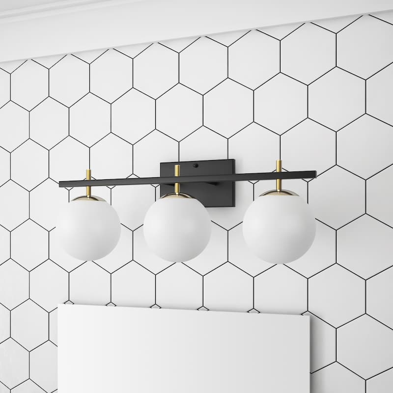 Modern Black 3-Light Ball White Glass Shade Vanity Lighting - Black/White