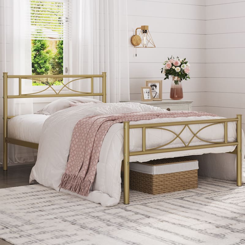 Yaheetech Simple Metal Platform Bed Frame with Curved Design Headboard and Footboard - Antique Gold - Twin