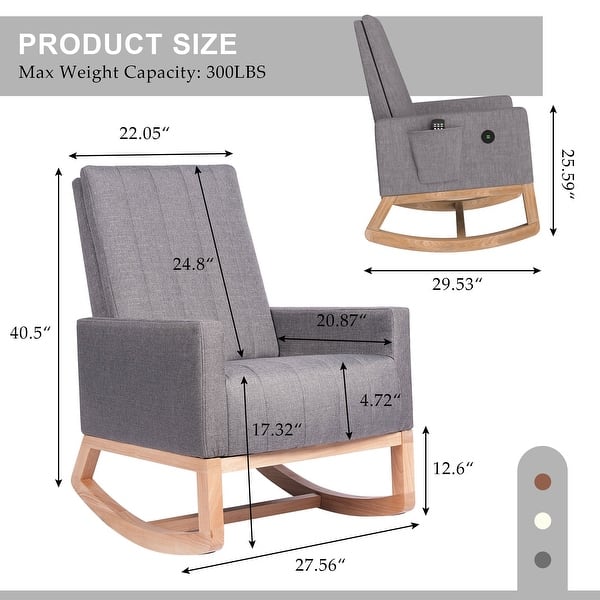 dimension image slide 2 of 3, VECELO Upholstered Rocking Chair Padded Seat with Pocket and USB Port, Rocking Chair Nursery Rocker