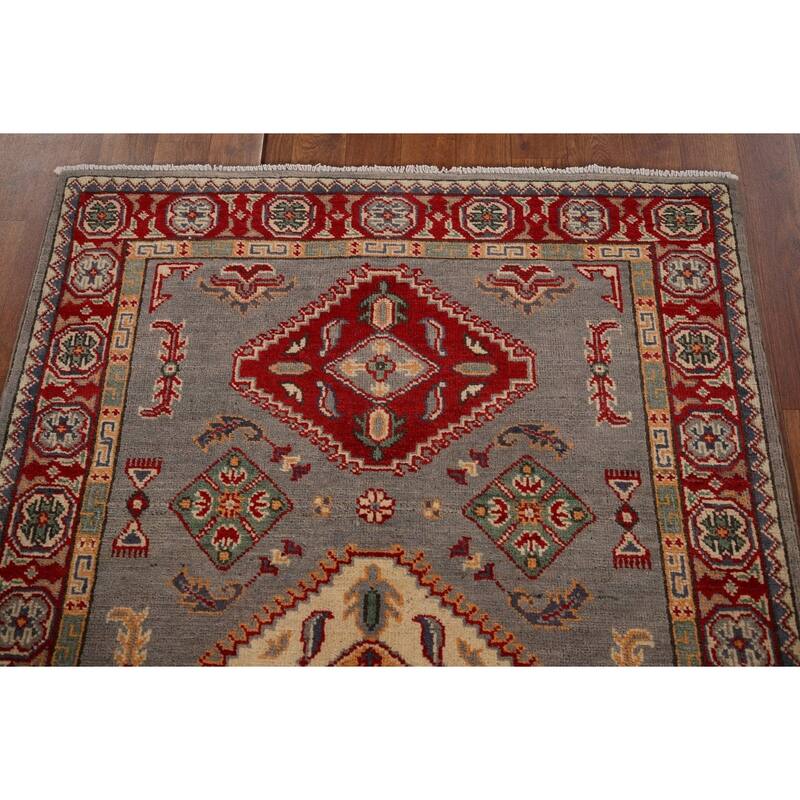 Geometric Kazak Oriental Accent Rug Handmade Entryway Wool Carpet - 3'3" x 4'11"