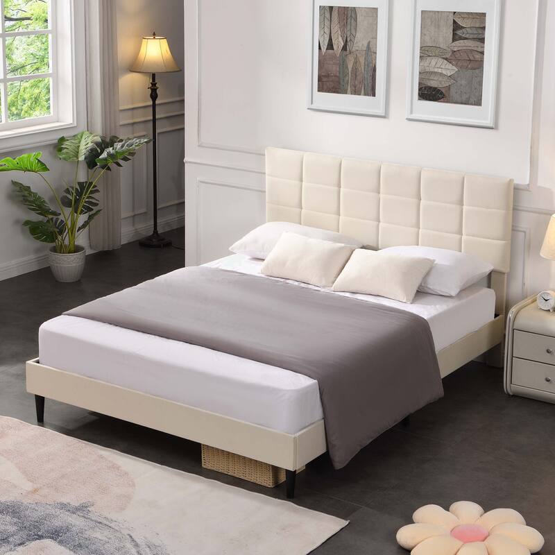 Platform Bed Frame with Fabric Upholstered Headboard and Wooden Slats