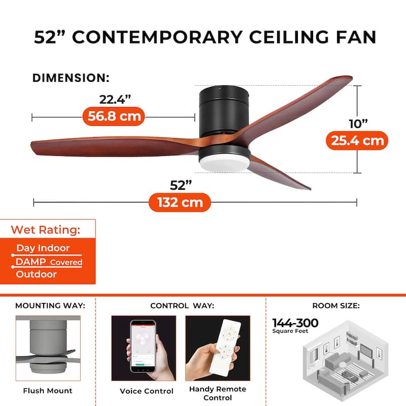 Moasis 52 Inch Low Profile Smart Ceiling Fan with Light and Remote