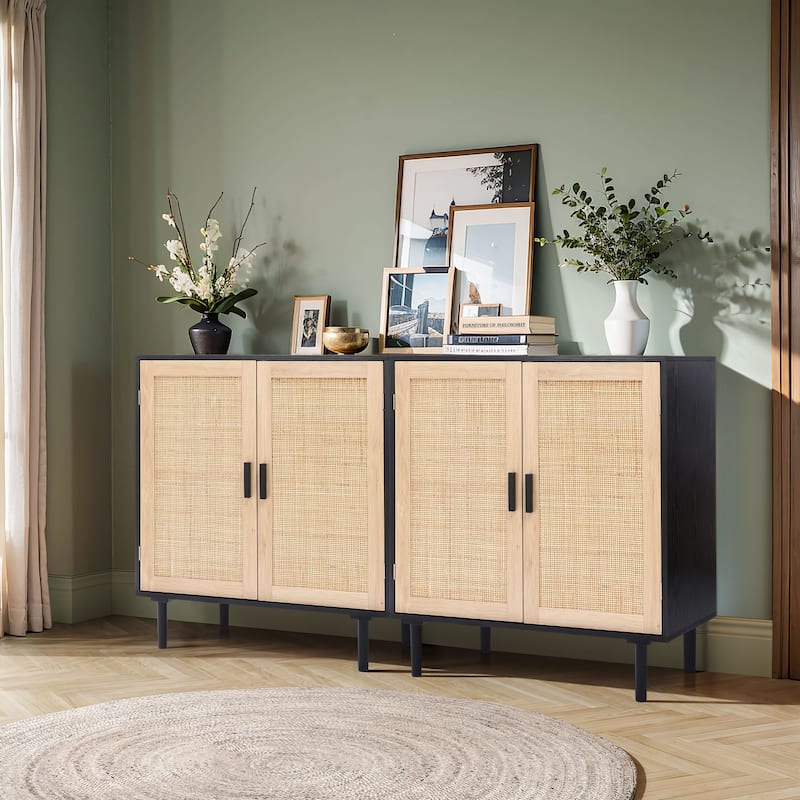 Black and Brown Wood 31.5" Wide Sideboard Cabinet with Wood-Woven Doors (Set of 2)