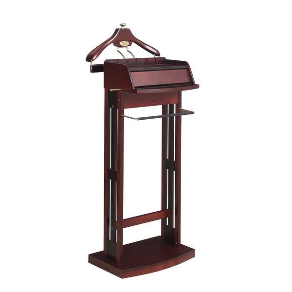 slide 2 of 14, Proman Products Excalibur Wardrobe Wood Valet Stand with Power Extension, Large Storage Compartment, Contour Hanger, Trouser Bar Brown