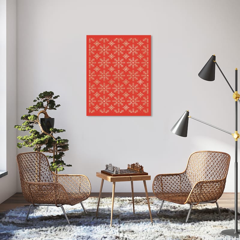 Wynwood Studio Canvas Holiday and Seasonal Snowflakes Pattern Red Glam Wall Art Canvas Print - 30 x 36