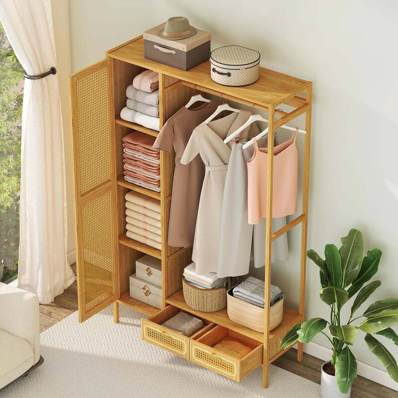 Bamboo Clothing Rack w/ Cabinet Hanging Rod Storage Shelf & Drawers
