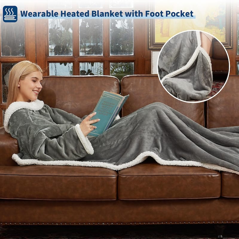 50"×70"+18" Wearable Electric Heated Blanket with Foot Pocket & Sleeves