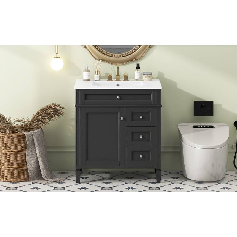 GDFStudio - Caldwell Modern Bathroom Vanity with Ceramic Sink, 2 Storage Drawers and Tip-Out Organizer - 30'W