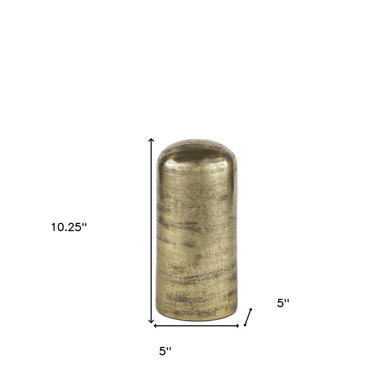 HomeRoots 10" Antiqued Brass Cast Aluminum Cylindrical Tabletop Sculpture - 5.00 in. x 10.25 in. x 5.00 in.