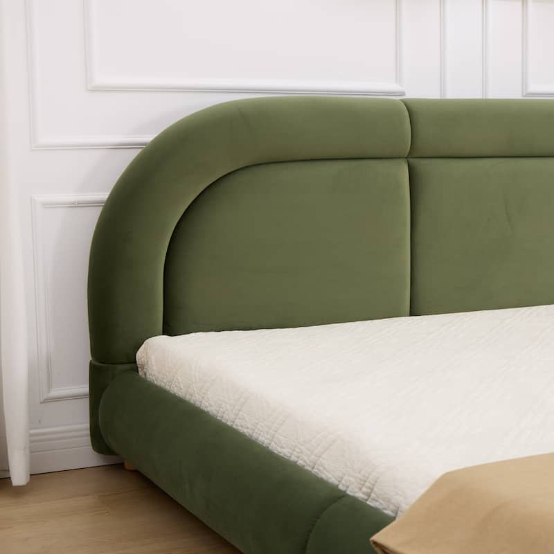 King Size Velvet Upholstered Platform Bed with Curved Headboard