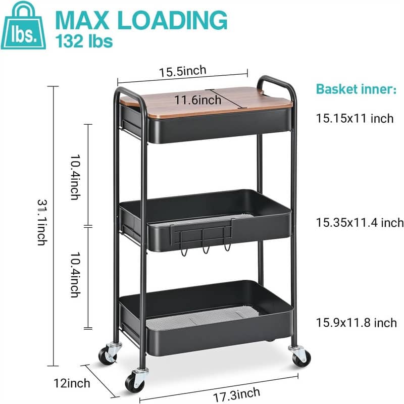 3 Tier Rolling Cart Metal Utility Cart with Top - 12"D x 17.3"W x 31.1"H