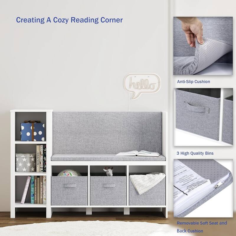 COSTARS Kids Bookshelf with Reading Nook, Toddler Bookcase Bench and Toy Storage Organizer with Seat and Back Cushion