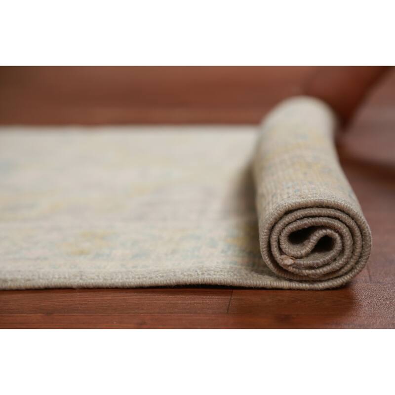 Hand Knotted Oriental 100% Wool Carpet Transitional Geometric Greys & Charcoal Oushak Runner Rug - 12' 1'' X 3' 1''