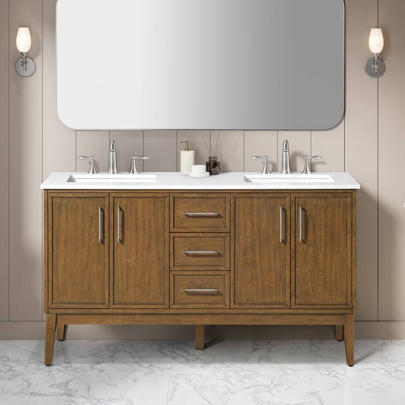 OVE Kira Warm Walnut Bathroom Vanity with White Engineered Stone Top - 60" - Warm Walnut with Brushed Nickel Hardware